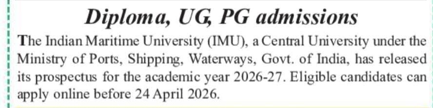 Indian Maritime University (IMU) Admissions Open 2026-27