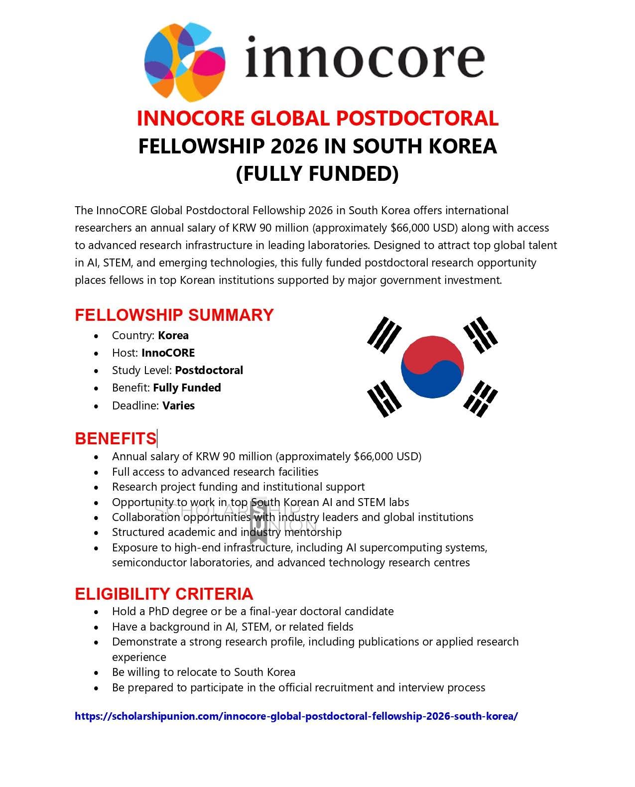 InnoCORE Global Postdoctoral Fellowship 2026 in South Korea