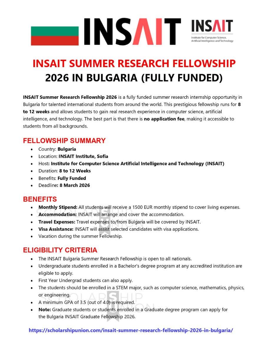 INSAIT Summer Research Fellowship 2026 in Bulgaria