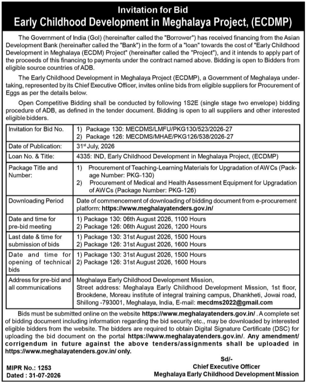 International Invitation for Bid by Meghalaya Early Childhood Development Mission