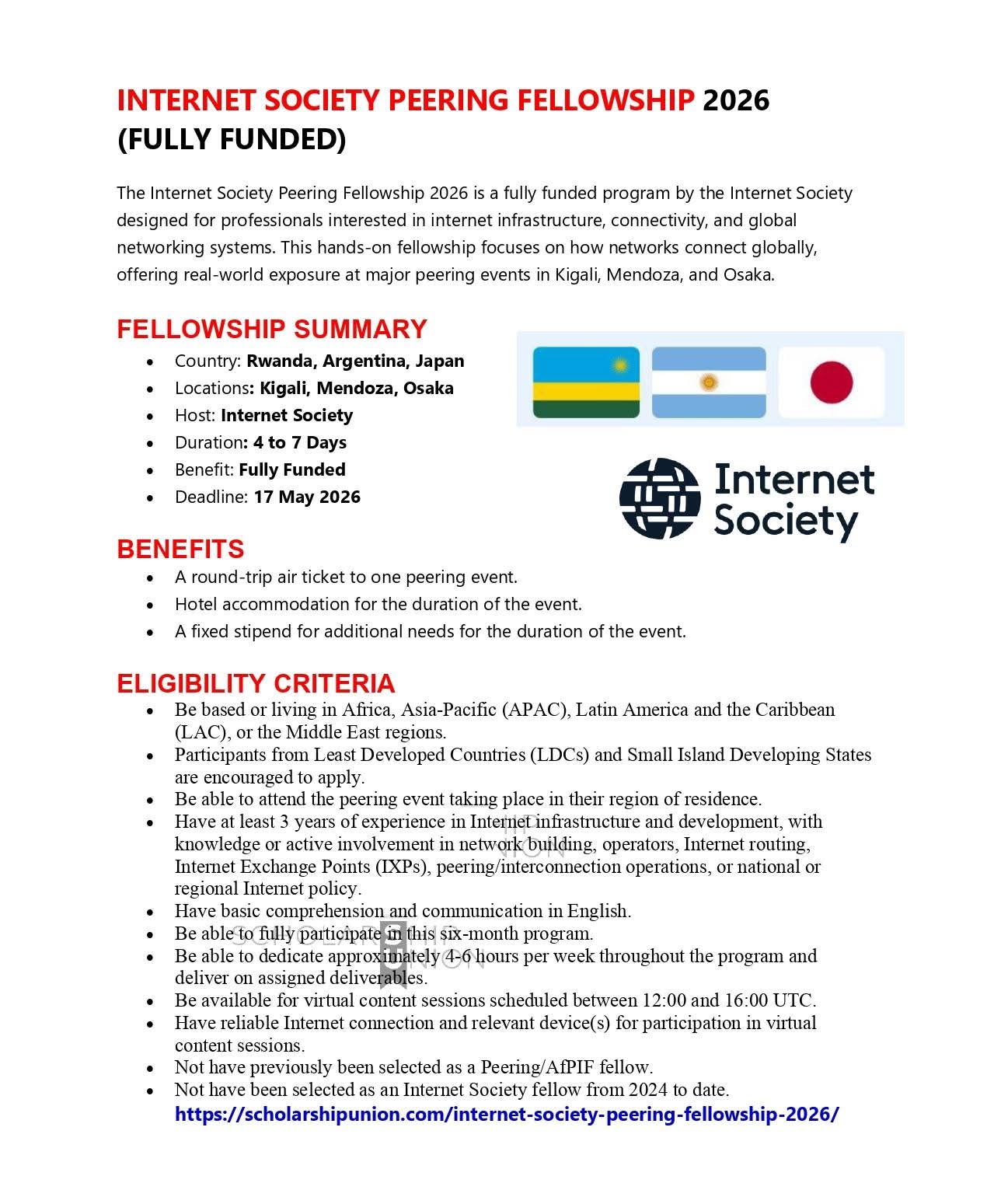 Internet Society Peering Fellowship 2026 in Rwanda, Argentina, Japan