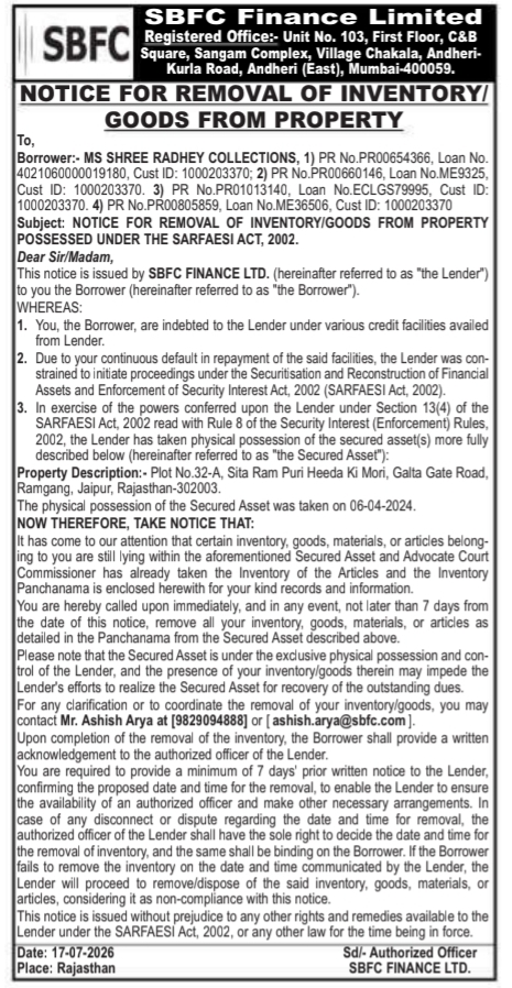 Inventory Removal Notice by SBFC Finance Limited