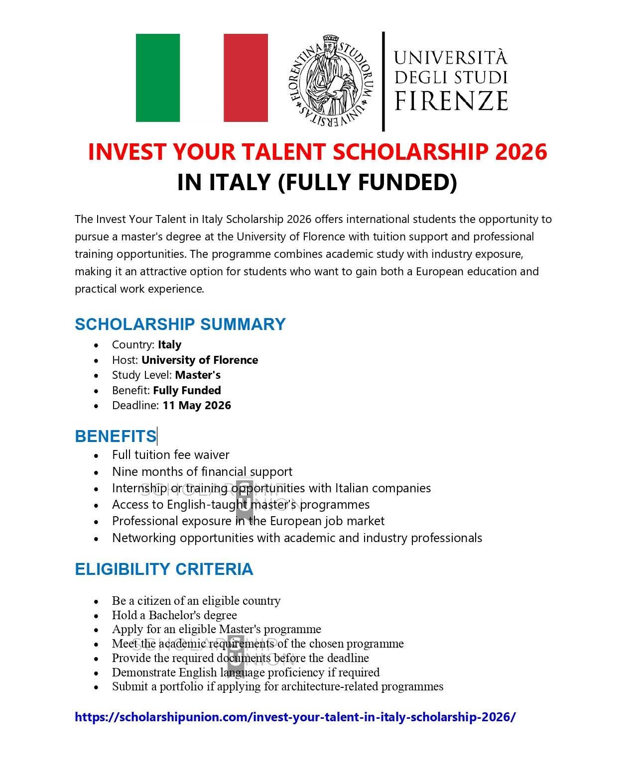 Invest Your Talent Scholarship 2026 in Italy