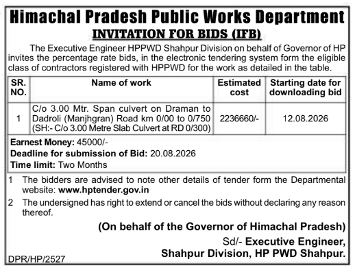 Invitation for Bids for Culvert Construction by HPPWD Shahpur