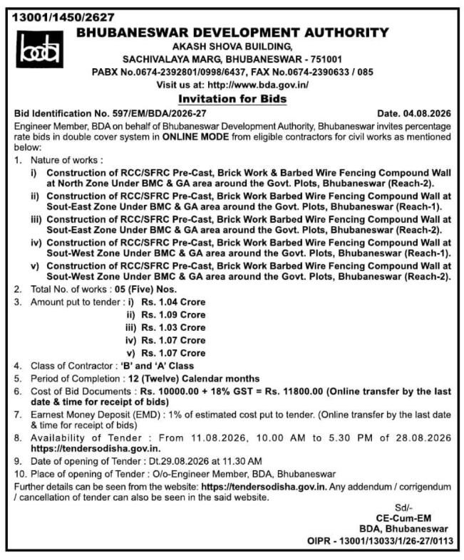 Invitation for Bids for Fencing Compound Walls by Bhubaneswar Development Authority