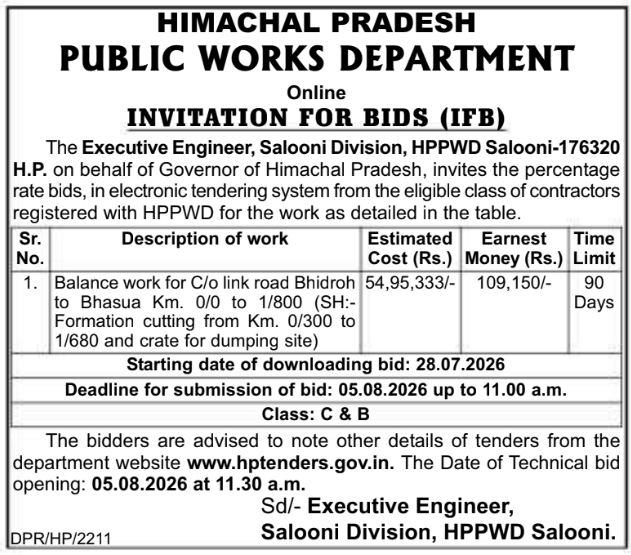 Invitation for Bids for Road Construction by Himachal Pradesh Public Works Department