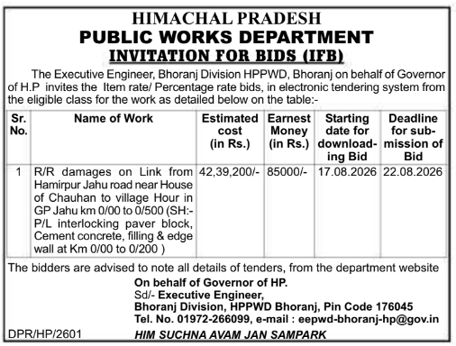 Invitation for Bids for Road Restoration and Paver Laying by HPPWD Bhoranj