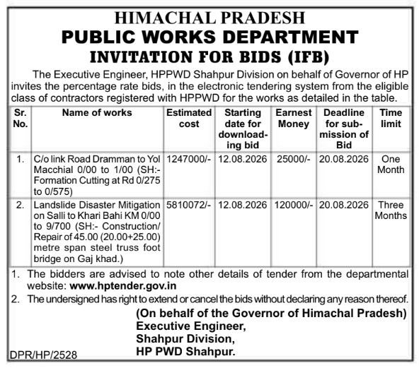 Invitation for Bids for Road Works and Disaster Mitigation by HPPWD Shahpur