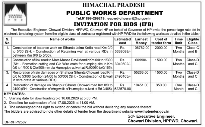 Invitation for Bids for Road Works by HPPWD Chowari
