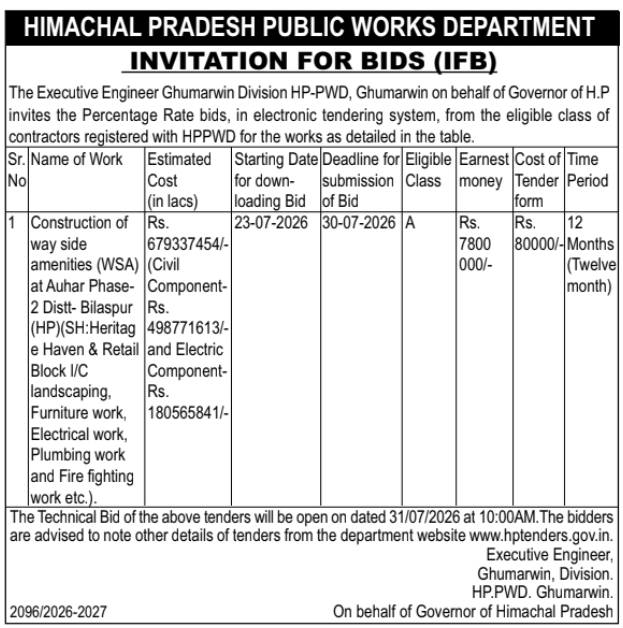 Invitation for Bids: Himachal Pradesh Public Works Department Construction Work