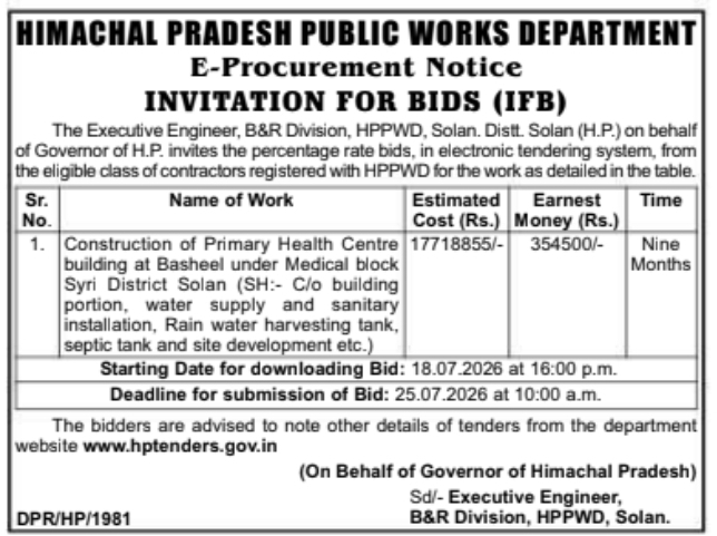 Invitation for Bids: Primary Health Centre Construction for HPPWD, Solan