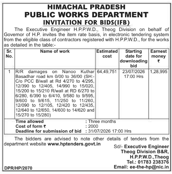 Invitation for Bids: Road Damage Restoration (HPPWD)
