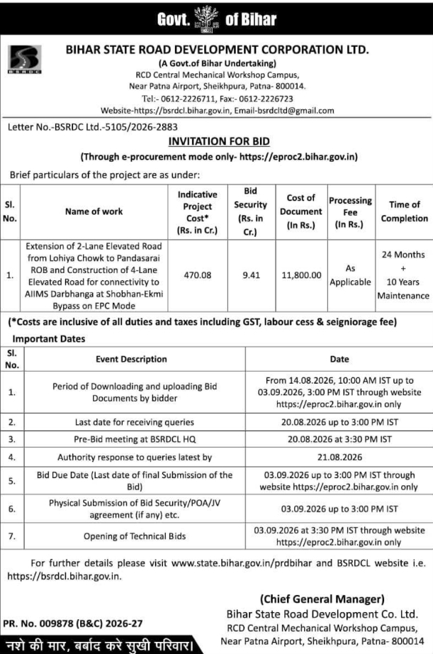 Invitation for Elevated Road Bids by Bihar State Road Development Corporation Ltd