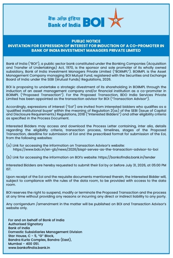 Invitation for Expression of Interest: Co-Promoter Induction Work Bank of India Investment Managers, Mumbai