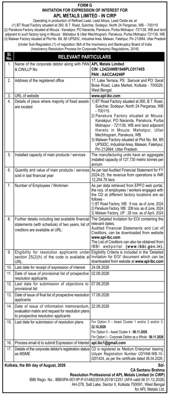 Invitation for Expression of Interest for APL Metals Limited Under CIRP