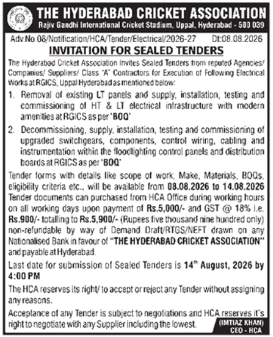 Invitation for Sealed Electrical Infrastructure Tenders by Hyderabad Cricket Association