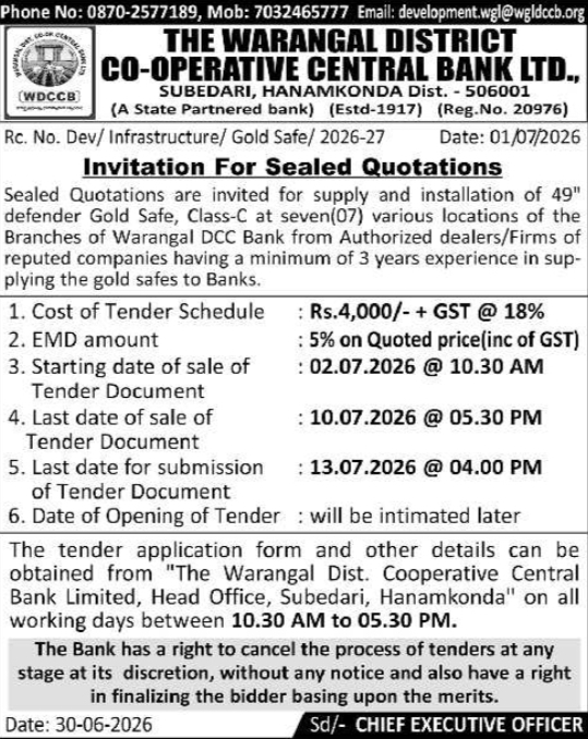 Invitation for Sealed Quotations: Gold Safe Supply and Installation at Warangal DCC Bank
