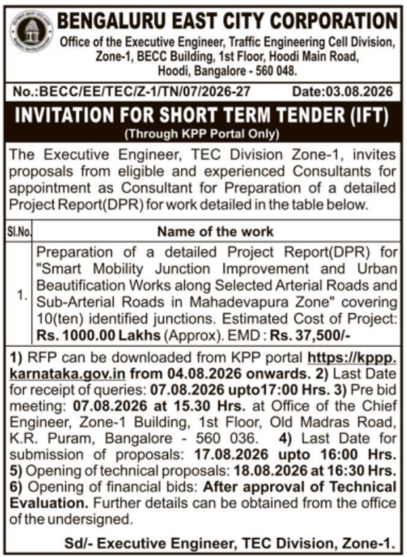 Invitation for Short Term Tender for DPR Preparation