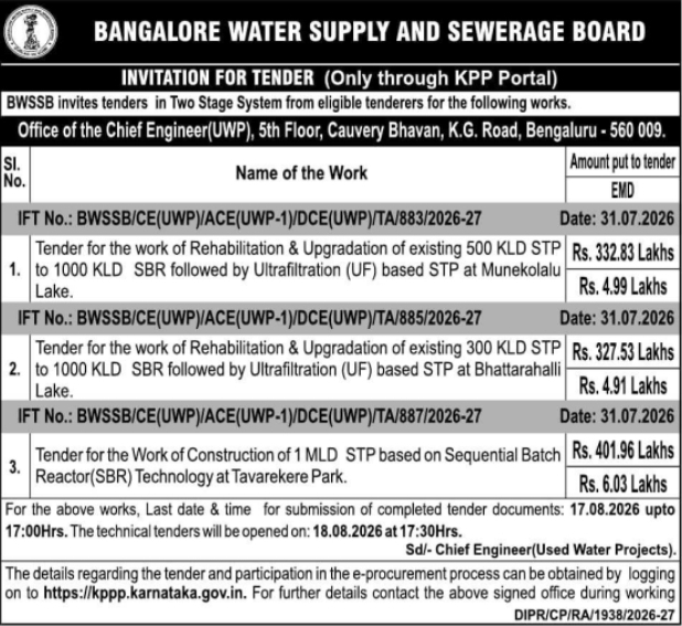Invitation For Tender for Water Treatment Plant Rehabilitation