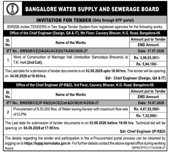 Invitation for Tender: Marriage Hall Construction and Aerators Procurement