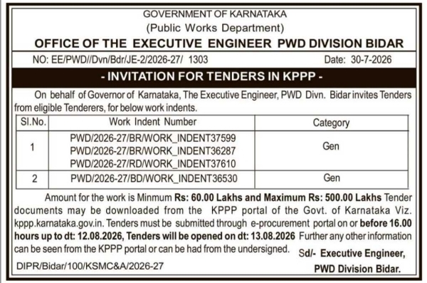Invitation for Tenders for Bidar PWD Road and Building Indents