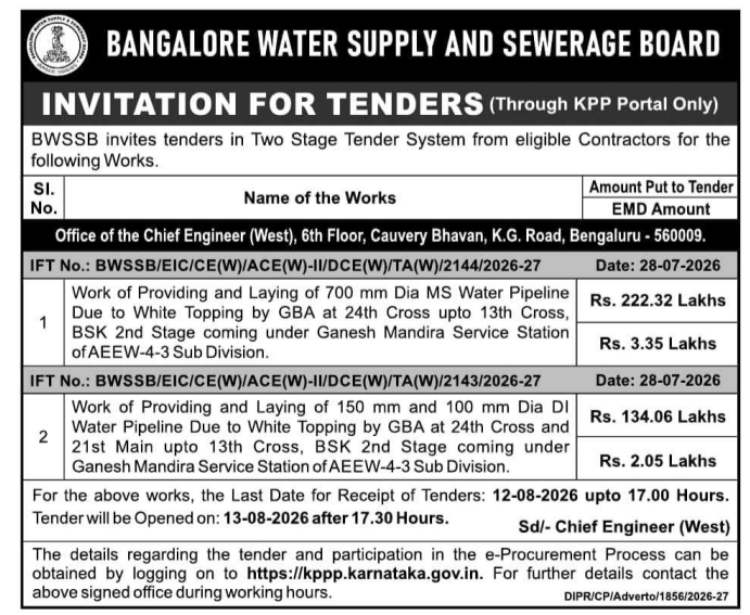 Invitation for Tenders for Water Pipeline Works by Bangalore Water Supply and Sewerage Board