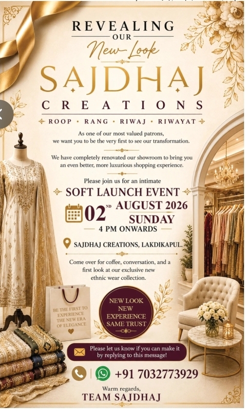 Invitation Notification for Sajdhaj Creations Showroom Soft Launch Event