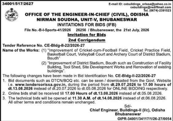 INVITATIONS FOR BIDS (IFB): Stadium Improvement Work, Bhubaneswar