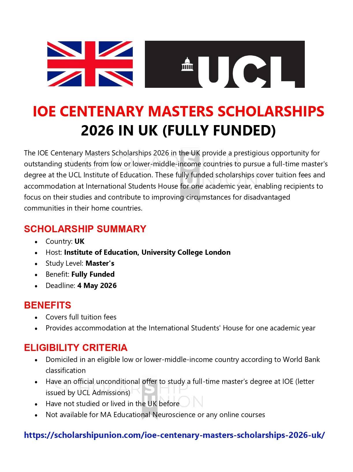 IOE Centenary Masters Scholarship 2026 in UK