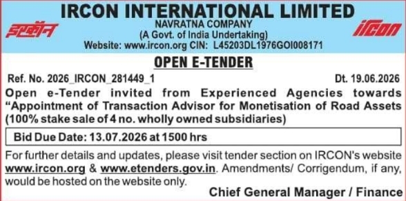 IRCON Road Assets Monetisation Transaction Advisor E-Tender