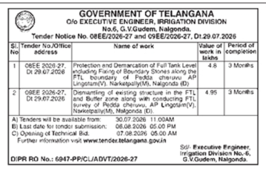 Irrigation Works Tender Notice by Nalgonda Division