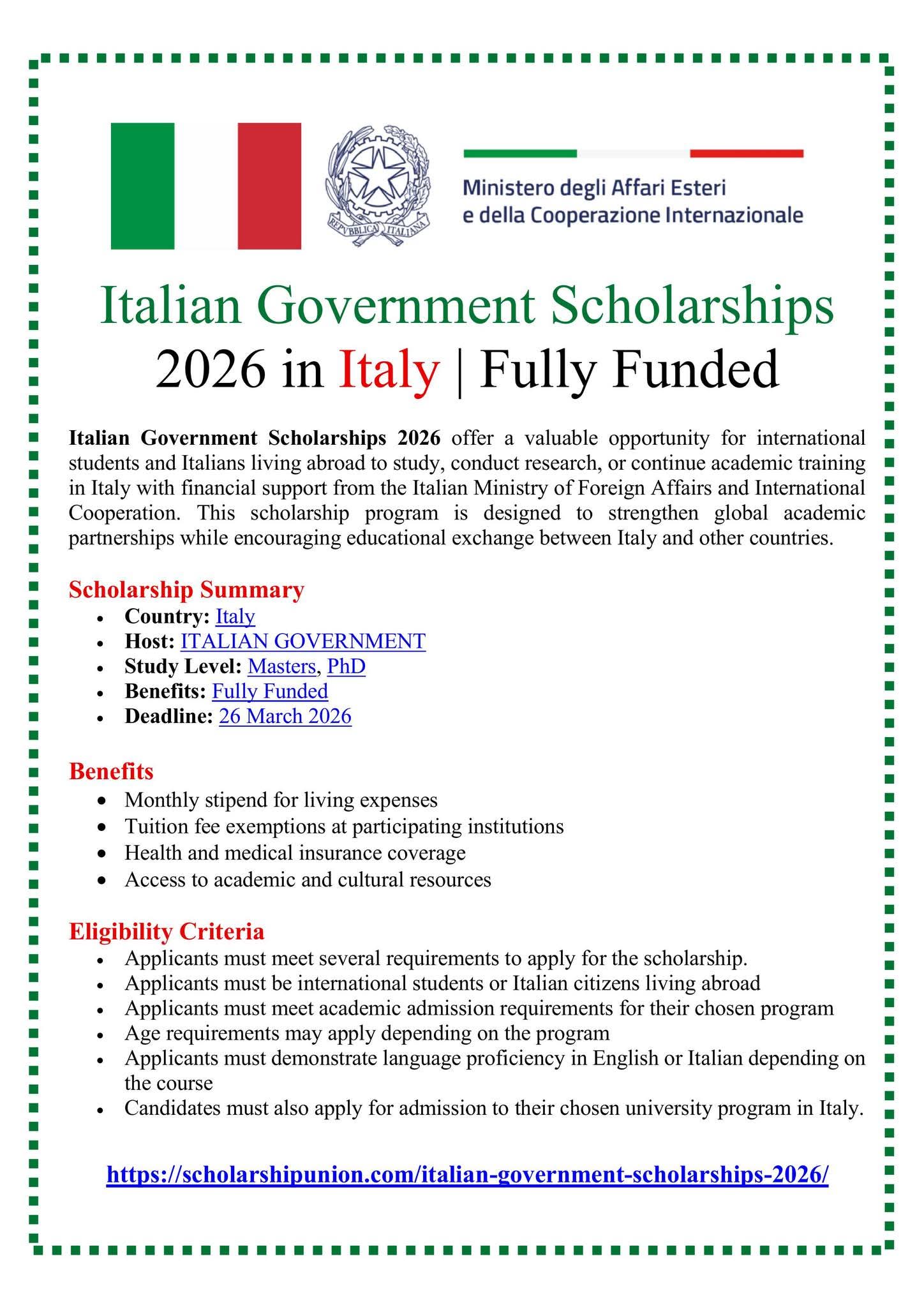 Italian Government Scholarships 2026 in Italy