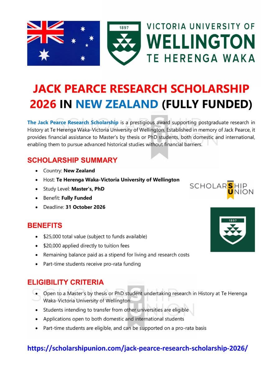 Jack Pearce Research Scholarship 2026 in New Zealand