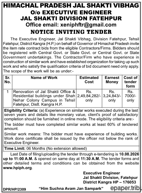 Jal Shakti Division Fatehpur Tender for Building Renovation