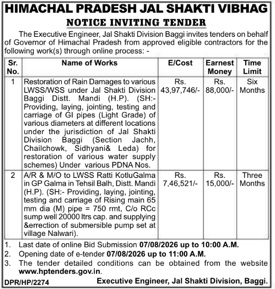 Jal Shakti Vibhag Baggi E-Tender for Rural Water Scheme Repairs
