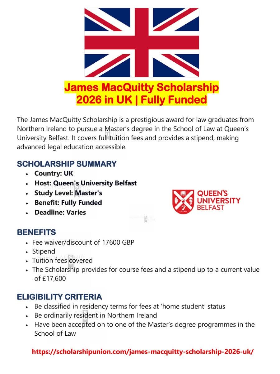 James MacQuitty Scholarship 2026 in UK