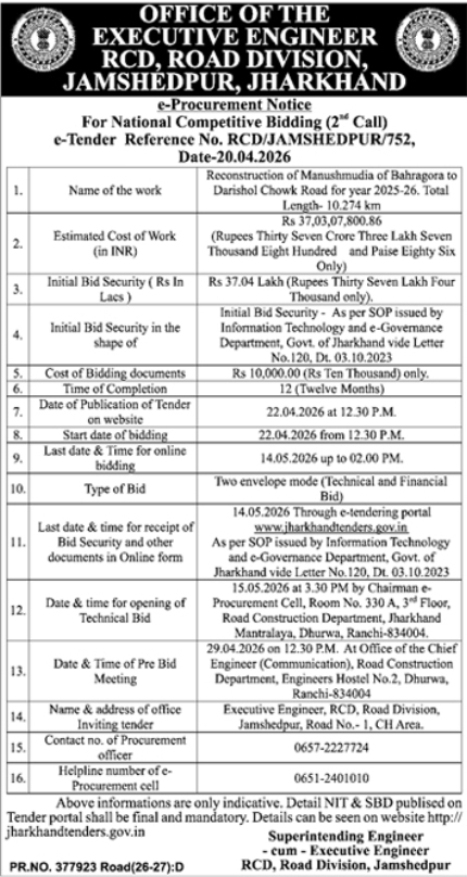 Jamshedpur RCD Tender Notice: Reconstruction of Manushmudia (Bahragora) to Darishol Chowk Road