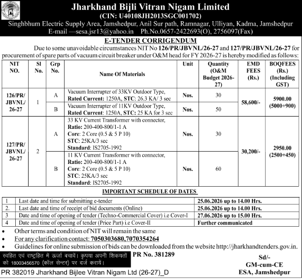 JBVNL Vacuum Circuit Breaker E-Tender Corrigendum Notice