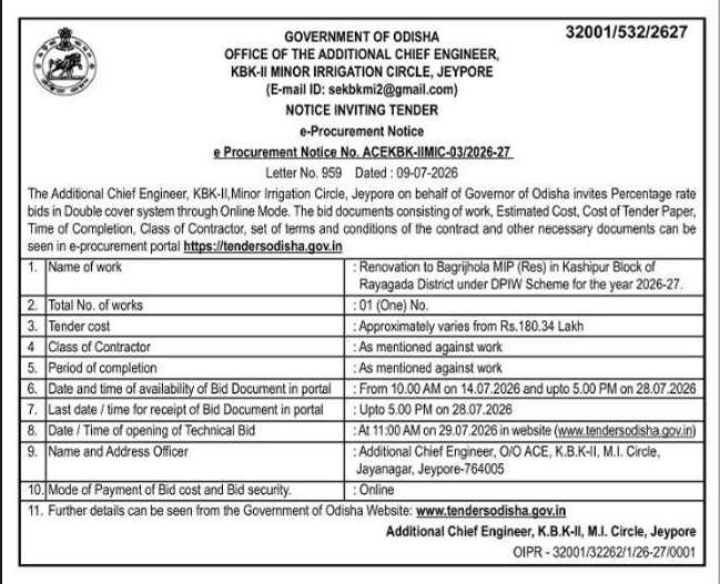Jeypore Minor Irrigation Circle Notice Inviting E-Tender