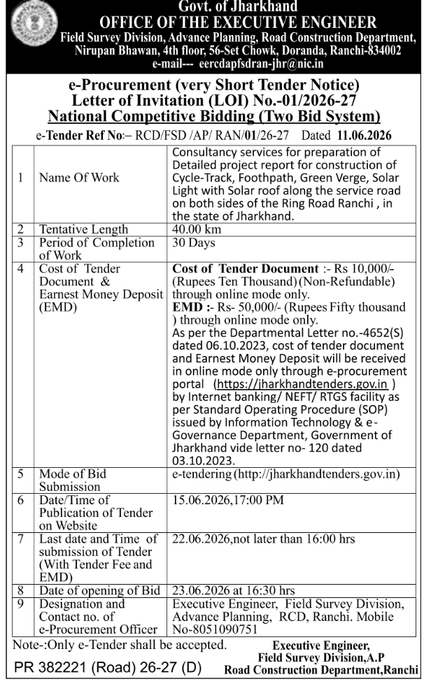 Jharkhand Government: Ranchi Ring Road DPR Consultancy Tender