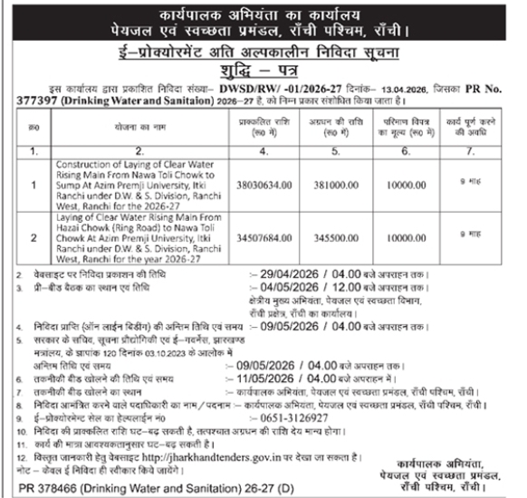 Jharkhand Govt E-Tender: Construction of Clear Water Rising Mains in Ranchi