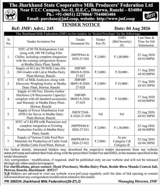 Jharkhand Milk Federation Dairy Machinery and Equipment E-Tender