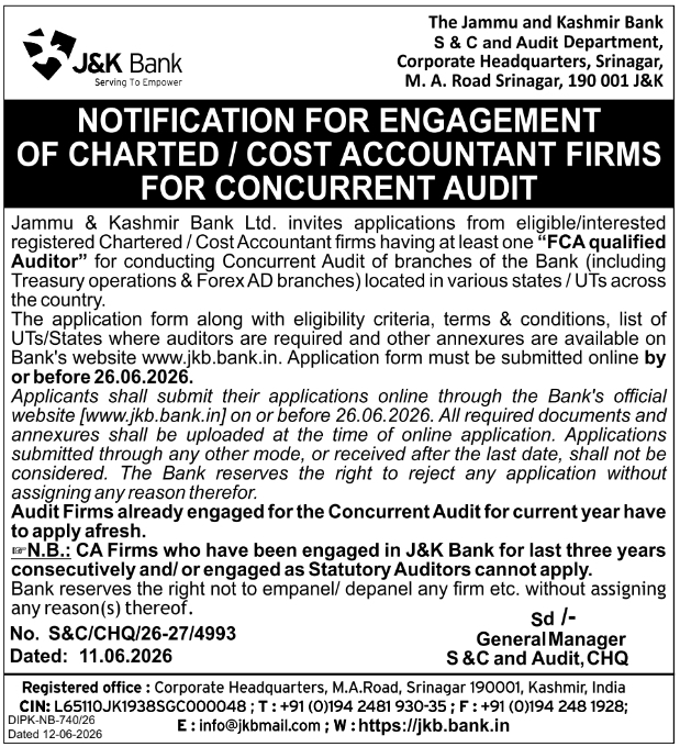 J&K Bank: Chartered & Cost Accountant Firms Concurrent Audit Notification