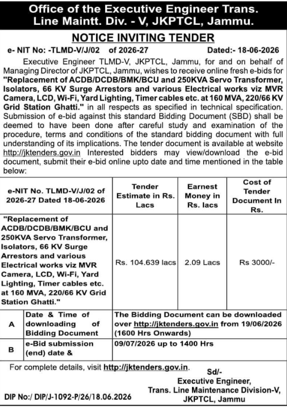 JKPTCL Jammu Grid Station Electrical Works E-Tender