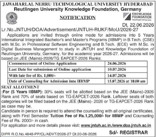 JNTUH and Reutlingen University International Integrated Programs Admission Notice