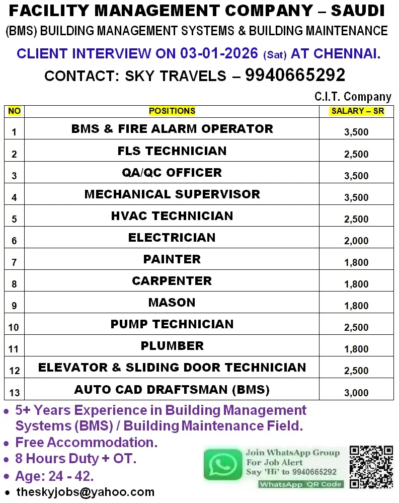 Job At Facility Management Company In Saudi Arabia