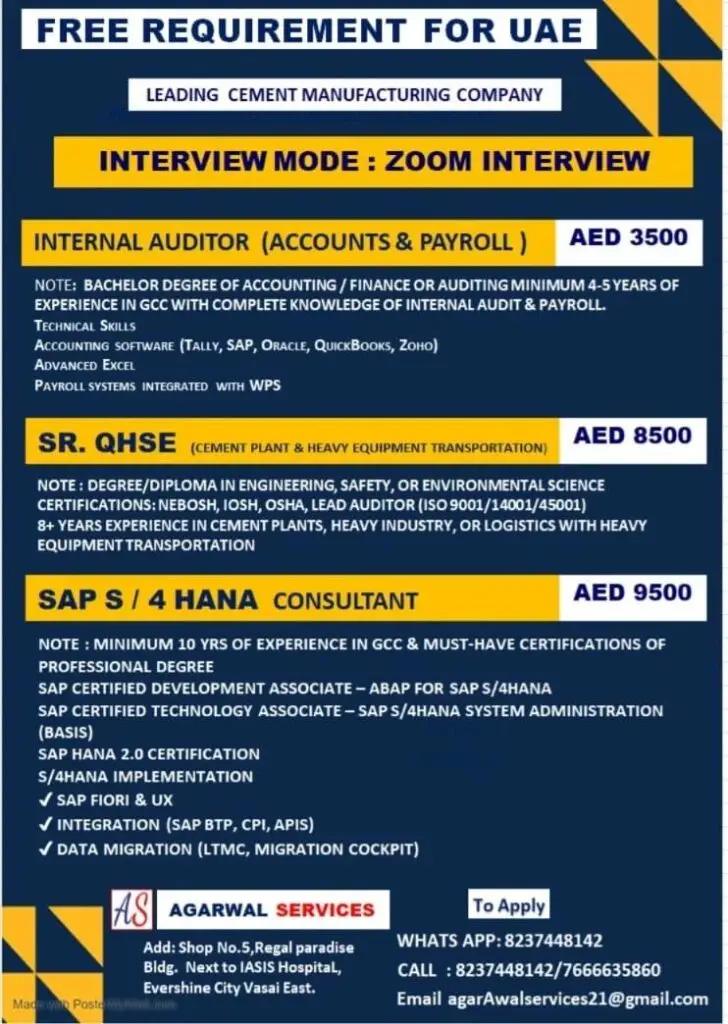 JOB OPPORTUNITIES AT A LEADING CEMENT MANUFACTURER IN UAE