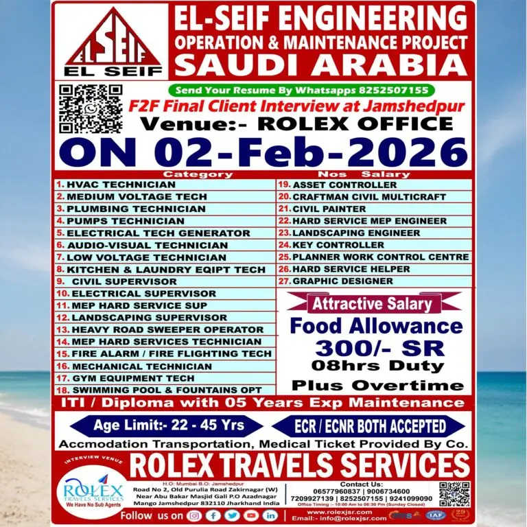 JOB OPPORTUNITIES AT EL-SEIF ENGINEERING AND OPERATION & MAINTENANCE - SAUDI ARABIA