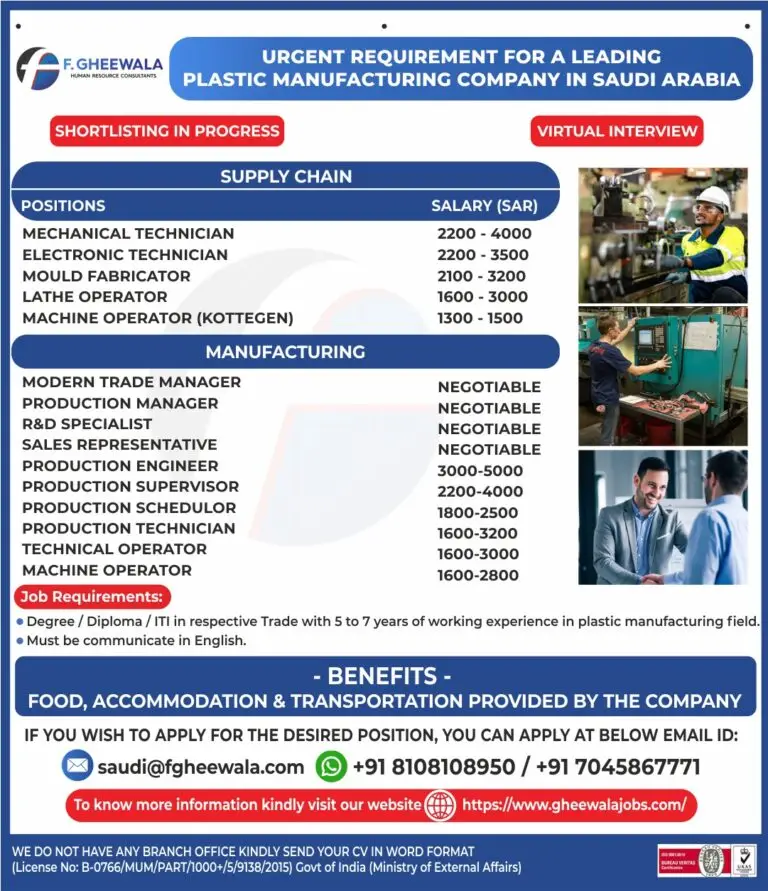 JOB OPPORTUNITIES AT PLASTIC MANUFACTURING COMPANY IN SAUDI ARABIA
