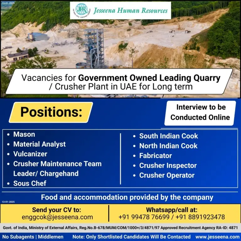 JOB VACANCIES FOR GOVERNMENT OWNED LEADING QUARRY / CRUSHER PLANT IN UAE FOR LONG TERM